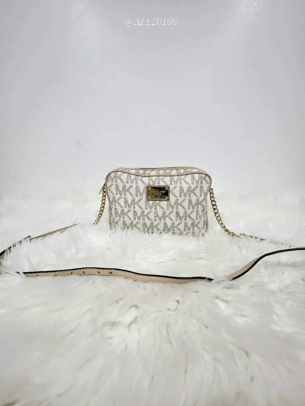 Michael Kors Beige Cream MK Monogram Crossbody Bag Gold Chain Purse
